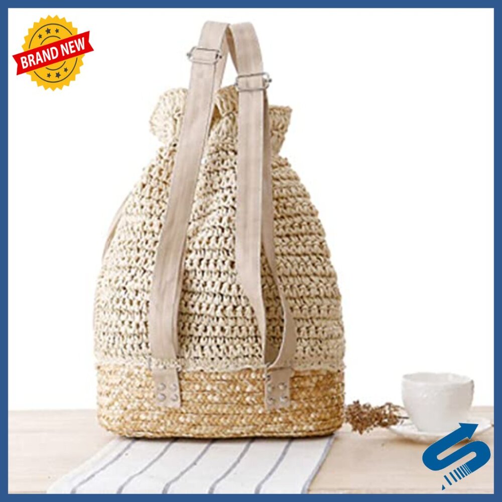 Straw Woven Drawstring Backpack with Leather Stra… - image 3